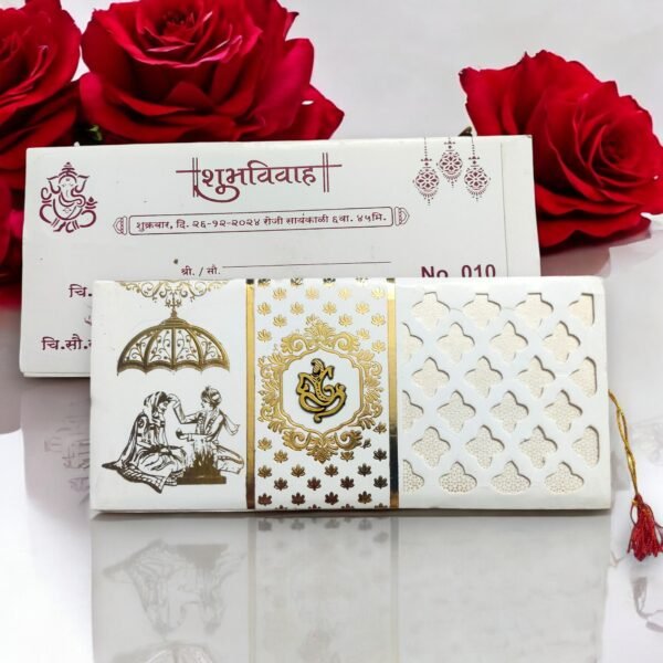 3 Fold Dulha Dulhan Laser Cut Hindu Wedding Invitation Card in Golden White