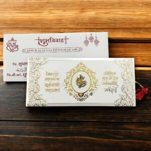 3 Fold Floral With Ganesha Shloka Marathi Wedding Invitation Card in Golden White