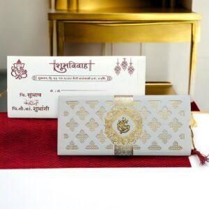 Aarambh 3 Fold Laser Cut Hindu Wedding Invitation Card in Golden White