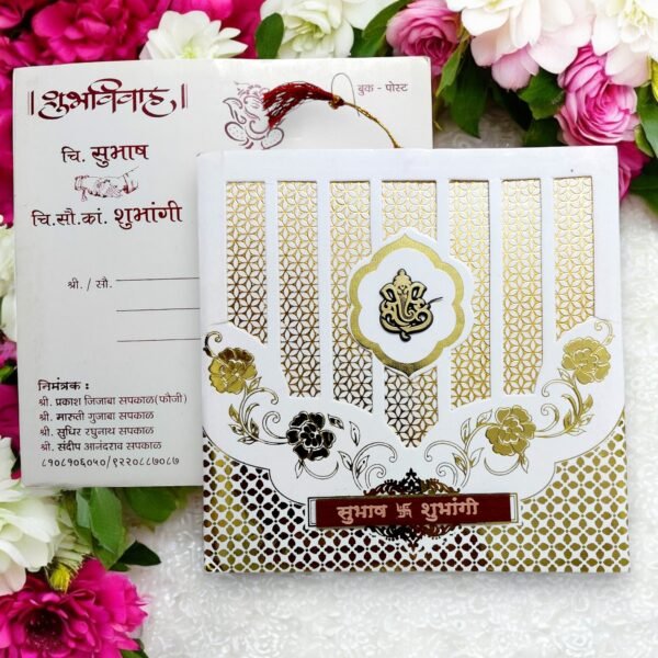 Aarambh Floral Laser Cut 2 Fold Hindu Wedding Card With Acrylic Name Plate in Golden White