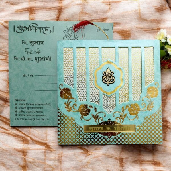 Aarambh Floral Laser Cut 2 Fold Wedding Card in Golden Green