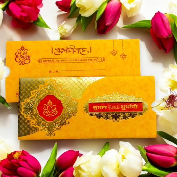 Aarambh Floral 3 Fold Hindu Wedding Card in Yellow Red