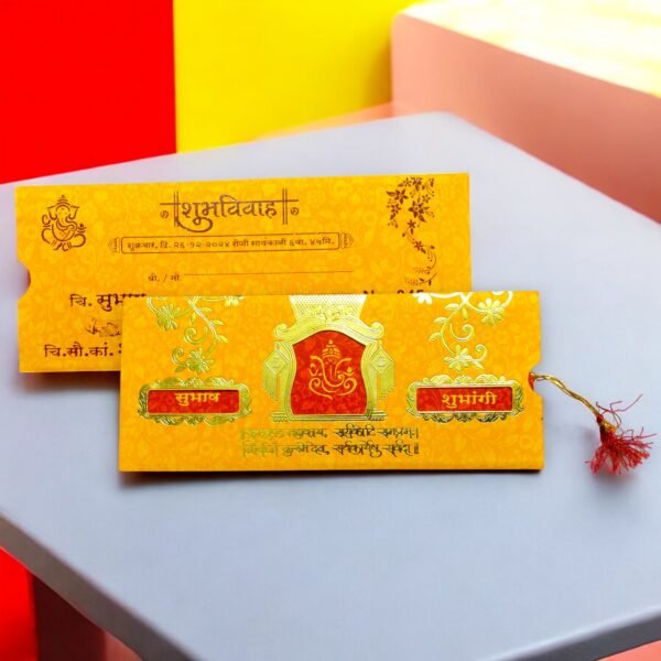 Aarambh 3 Fold Floral With Ganesha Shloka Marathi Wedding Invitation Card in Yellow Red