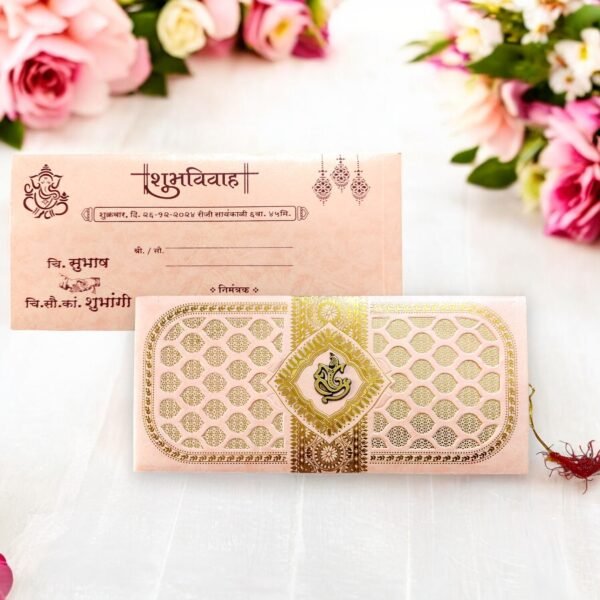 Aarambh 3 Fold Laser Cut Floral Hindu Wedding Invitation Card in Golden Pink