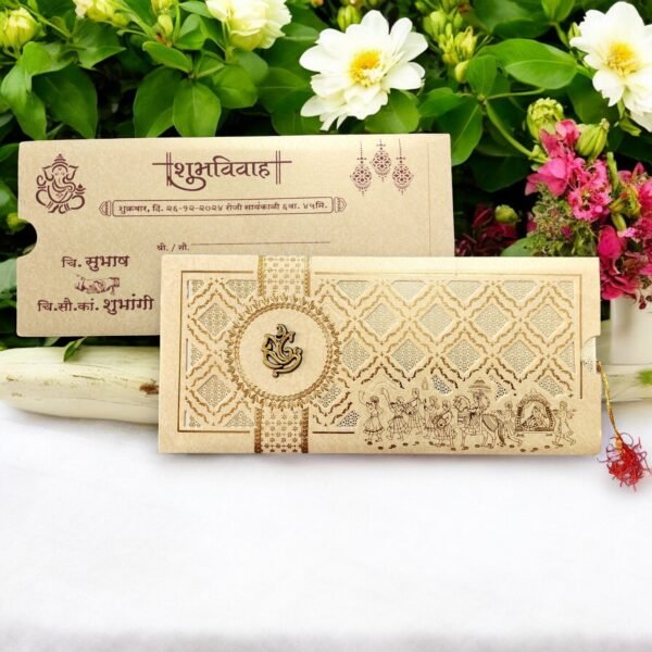 Aarambh 3 Fold Laser Cut Floral Hindu Shadi Ka Card in Yellow