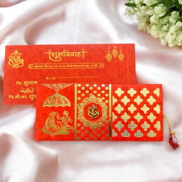 Aarambh 3 Fold Laser Cut Hindu Dulha Dulhan Wedding Card in Red Cream