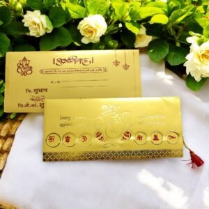 Aarambh 3 Fold Traditional Marathi Wedding Card with Lord Ganapati Shloka Golden Cream