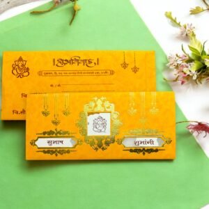 Aarambh Hindu Floral 3 Fold Wedding Invitation Card in Yellow White