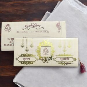 Aarambh Hindu Floral 3 Fold Wedding Invitation Card in Cream