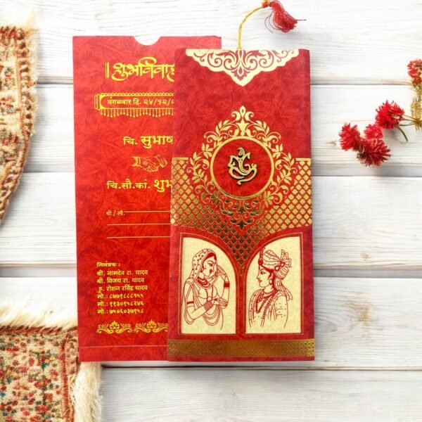 Aarambh 3 Fold Floral Dulha Dulhan Wedding Invitation Card in Red Cream