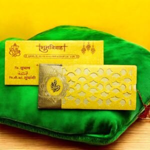 Aarambh Floral Laser Cut Three Fold Wedding Invitation Card in Golden Yellow