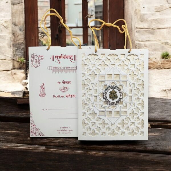 Aarambh 2 Fold Floral Laser Cut Indian Wedding Invitation Card Golden White