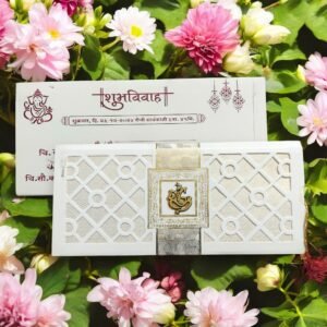 Aarambh 3 Fold Laser Cut Hindu Wedding Invitation Card in White