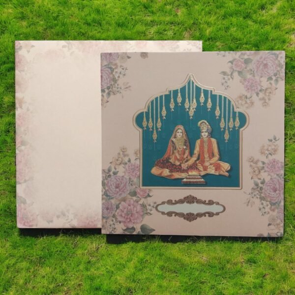 Aarambh Single Fold Floral Indian Dulha Dulhan Wedding Invitation Card Peach