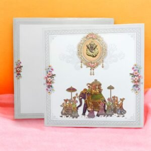 Aarambh Single Fold Floral Royal Premium Indian Wedding Invitation Card With Acrylic Ganesha White