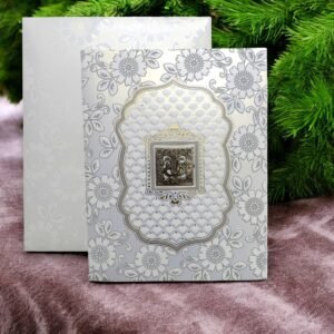 Aarambh Single Fold Floral Indian Wedding Invitation Card With Acrylic Lord Ganesha White