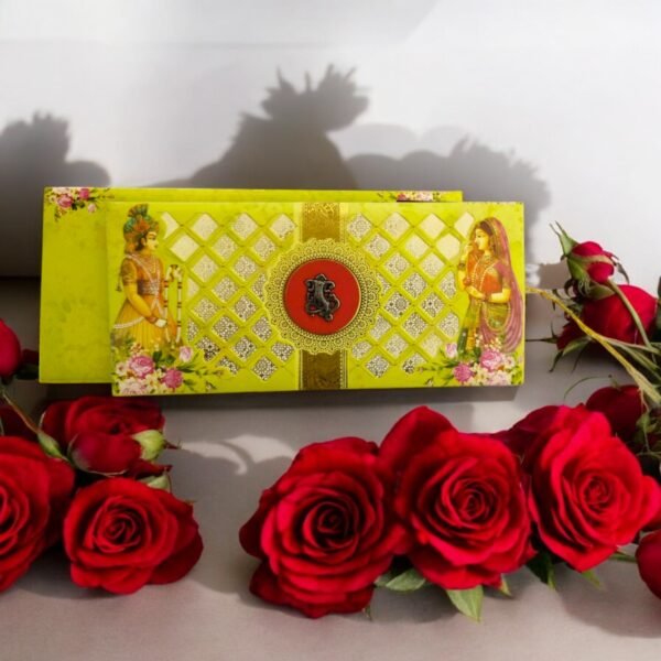 Aarambh Laser Cut 3 Fold Dulha Dulhan Wedding Card Yellow