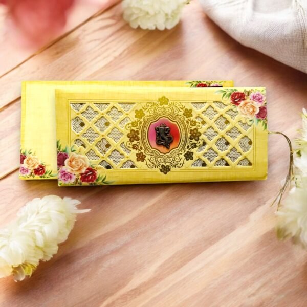 Aarambh Laser Cut 3 Fold Floral Wedding Card Design Yellow
