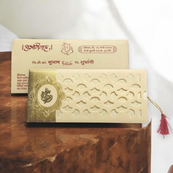 Aarambh 3 Fold Laser Cut Indian Wedding Card With Acrylic Lord Ganesha Cream