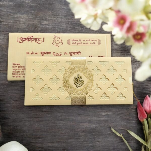 Aarambh 3 Fold Laser Cut Hindu Wedding Card With Acrylic Lord Ganesha Cream