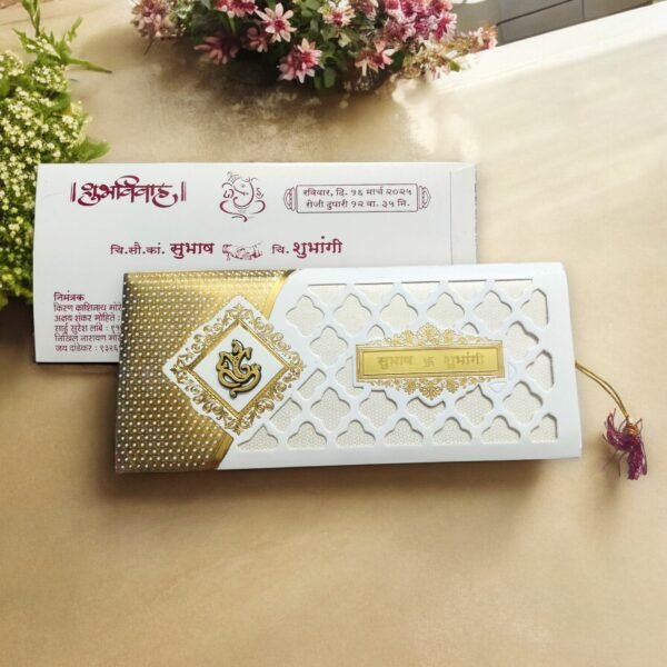 Aarambh 3 Fold Laser Cut Indian Marriage Card With Acrylic Lord Ganesha And Name Plate White