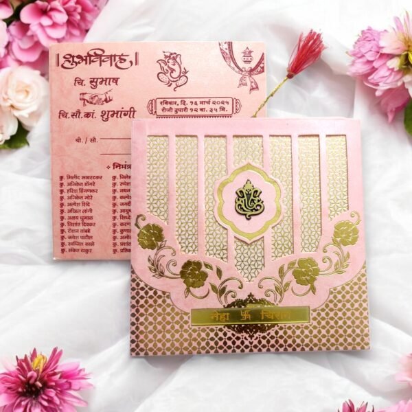Aarambh Laser Cut Floral 2 Fold Wedding Invitation Card With Acrylic Lord Ganesha Pink