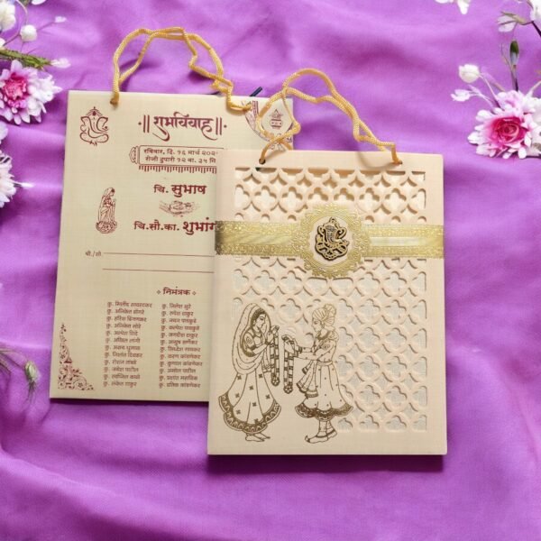 Aarambh Laser Cut Floral Dulha Dulhan 2 Fold Wedding Invitation Card With Acrylic Lord Ganesha Cream