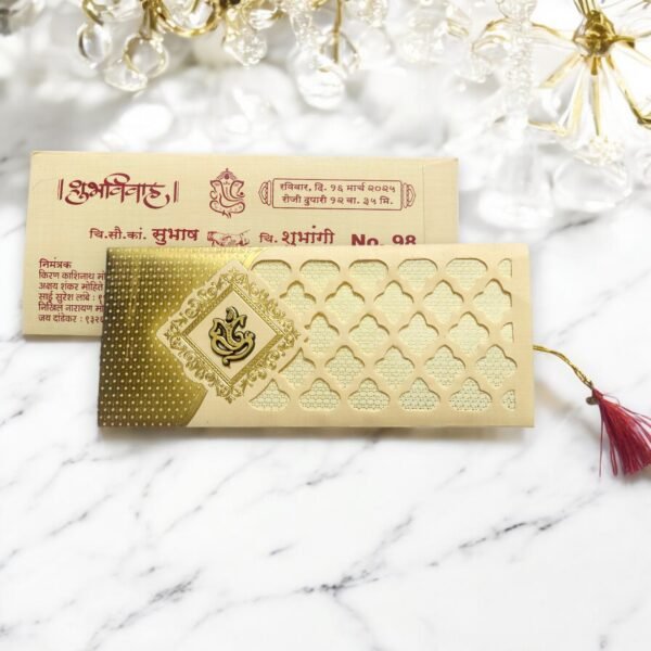 Aarambh Laser Cut 3 Fold Indian Marriage Invitation Card With Acrylic Lord Ganesha Cream