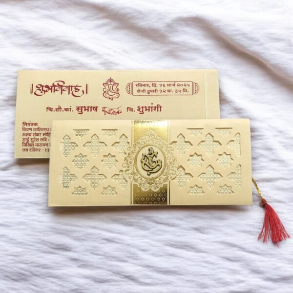 Aarambh Laser Cut 3 Fold Indian Wedding Invitation Card With Acrylic Lord Ganesha Cream