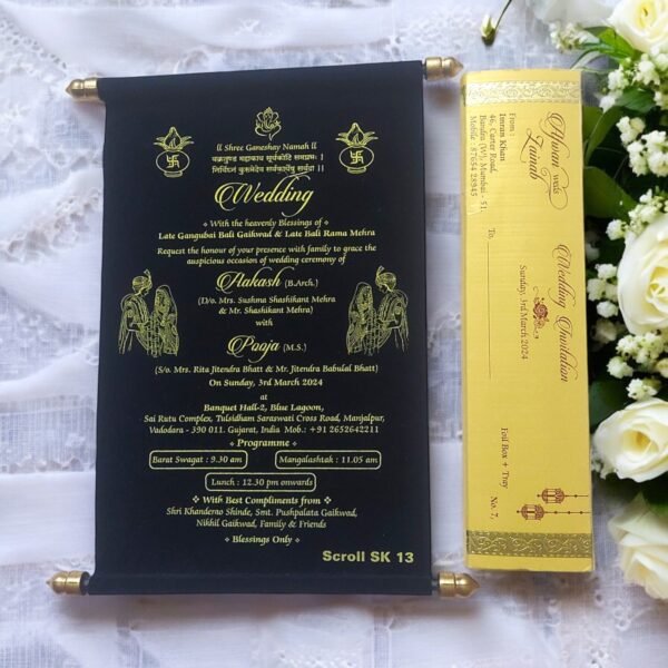 Aarambh Lakhota Style Scroll Wedding Card With Scroll Box and Tray Navy Blue
