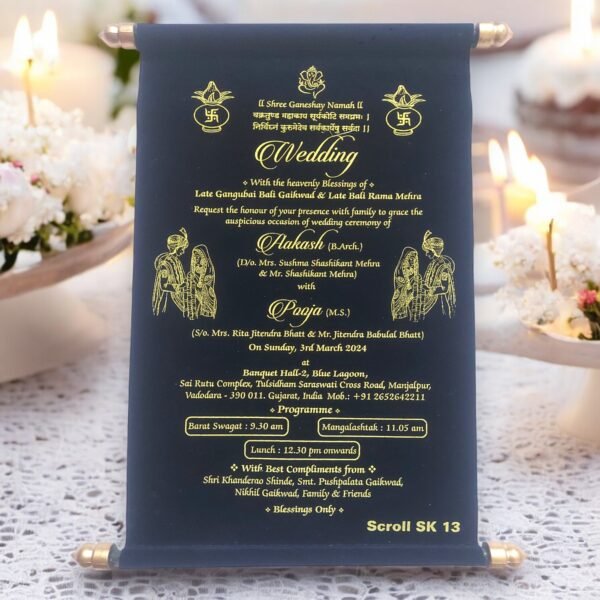 Aarambh Lakhota Style Scroll Wedding Card With Scroll Box and Tray Navy Blue