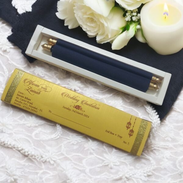 Aarambh Lakhota Style Scroll Wedding Card With Scroll Box and Tray Navy Blue