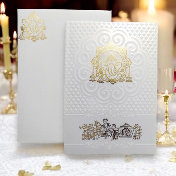 Aarambh Single Fold Floral Premium Lord Ganesha Wedding Invitation Card White