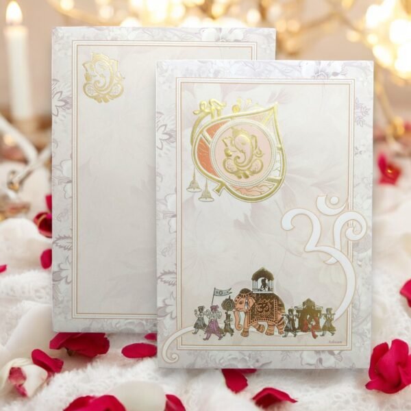 Aarambh Single Fold Floral Premium Lord Ganapati Wedding Card Multicolour