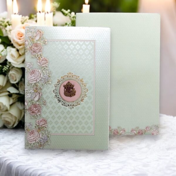 Aarambh Single Fold Floral Hindu Marriage Invitation Card Green
