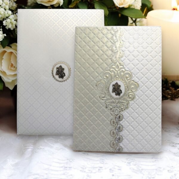 Aarambh Floral Single Fold Premium Wedding Card With Acrylic Lord Ganesha Golden White