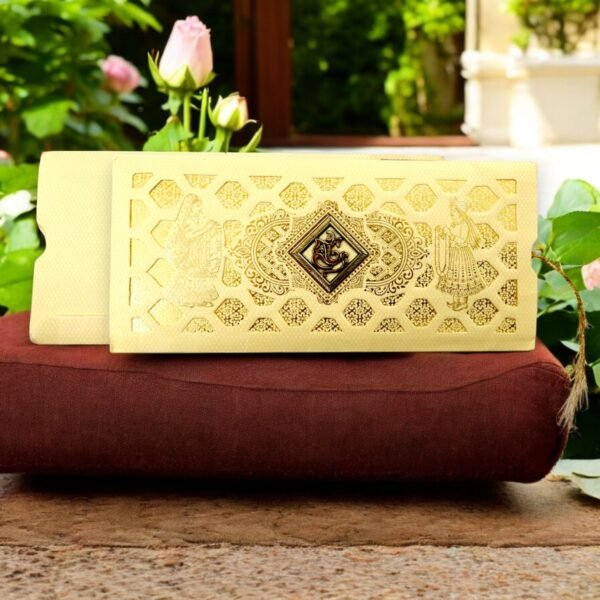 Aarambh Laser Cut Dulha Dulhan Three Fold Wedding Card Golden Cream