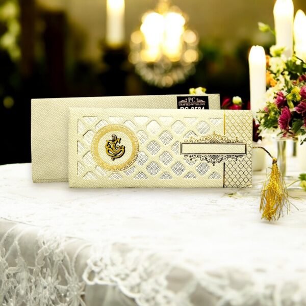 Aarambh Laser Cut Three Fold Wedding Card Golden White