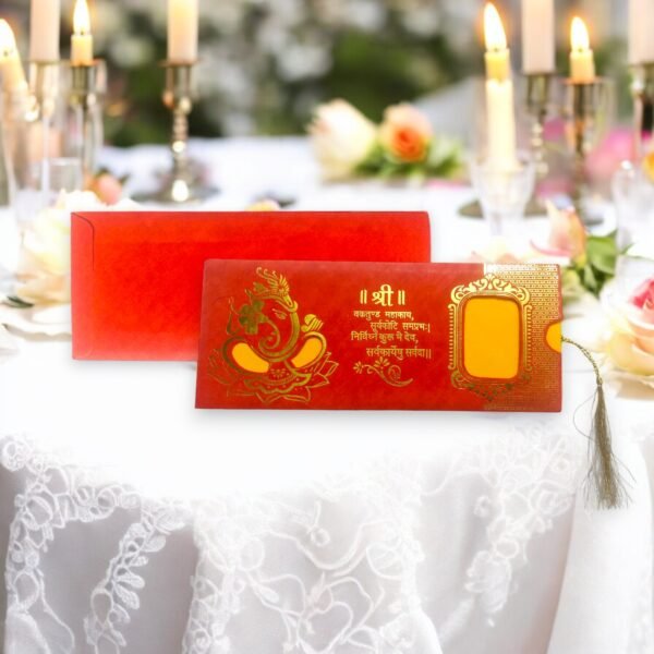Aarambh Laser Cut Three Fold Wedding Card Red Saffron