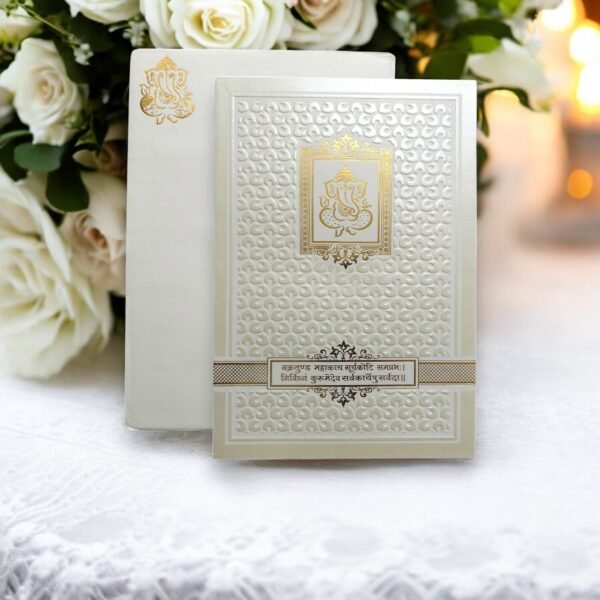 Aarambh Single Fold Indian Marriage Invitation Card With Shloka White