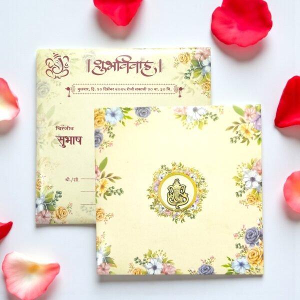 Aarambh Floral Single Fold Laser Cut Indian Wedding Card With Acrylic Lord Ganesha Multicolour