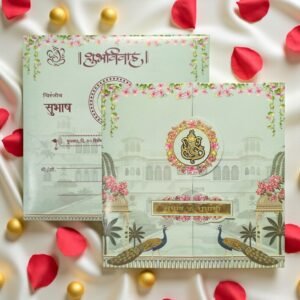 Aarambh Floral 2 Fold Laser Cut Marathi Lagna Patrika With Acrylic Lord Ganesha and Couple Name – Cyan