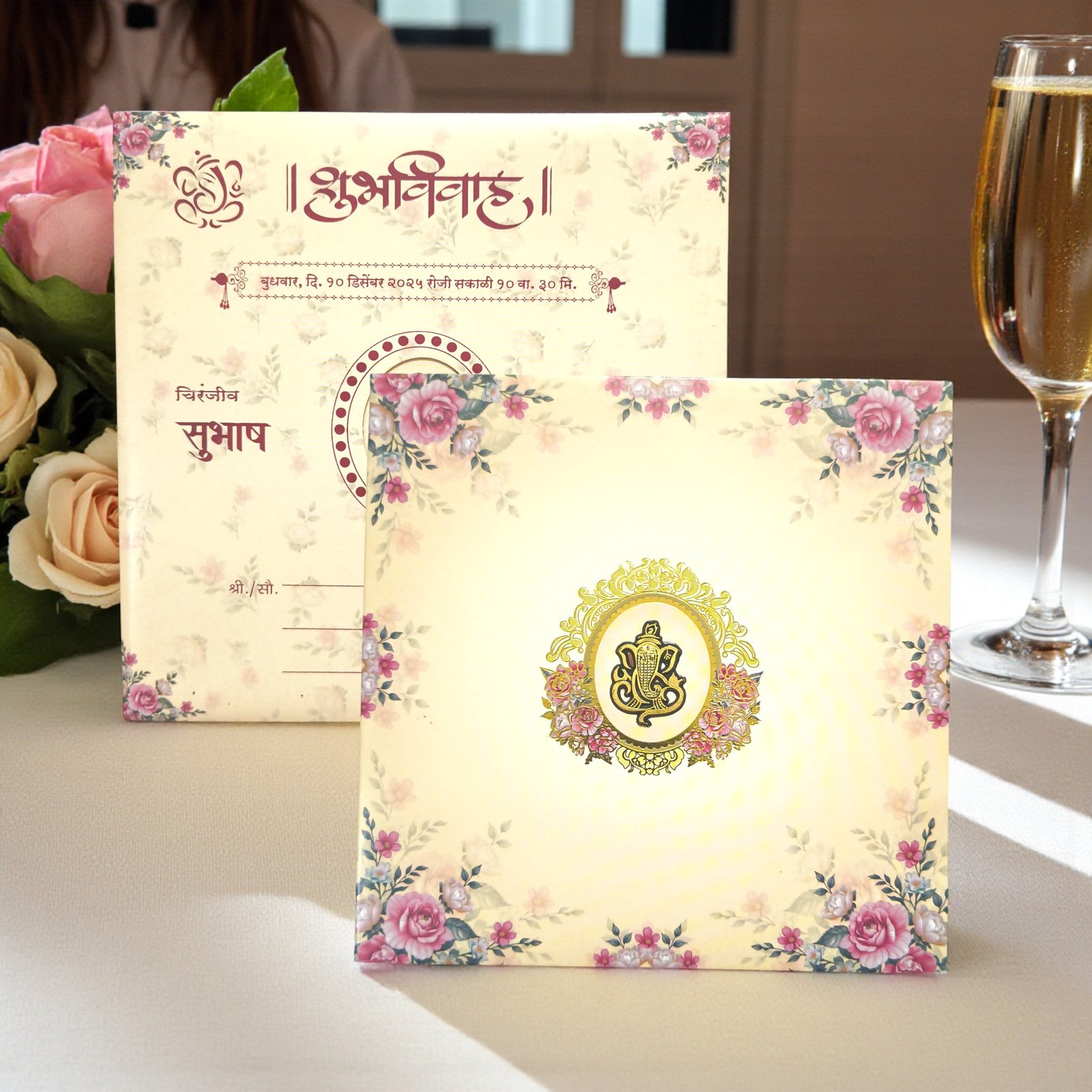 Aarambh Single Fold Floral Laser Cut Indian Shadi Card with Acrylic Lord Ganesha in Cream SPSL0625_1 Aarambh Single Fold Floral Laser Cut Indian Shadi Card with Acrylic Lord Ganesha in Cream