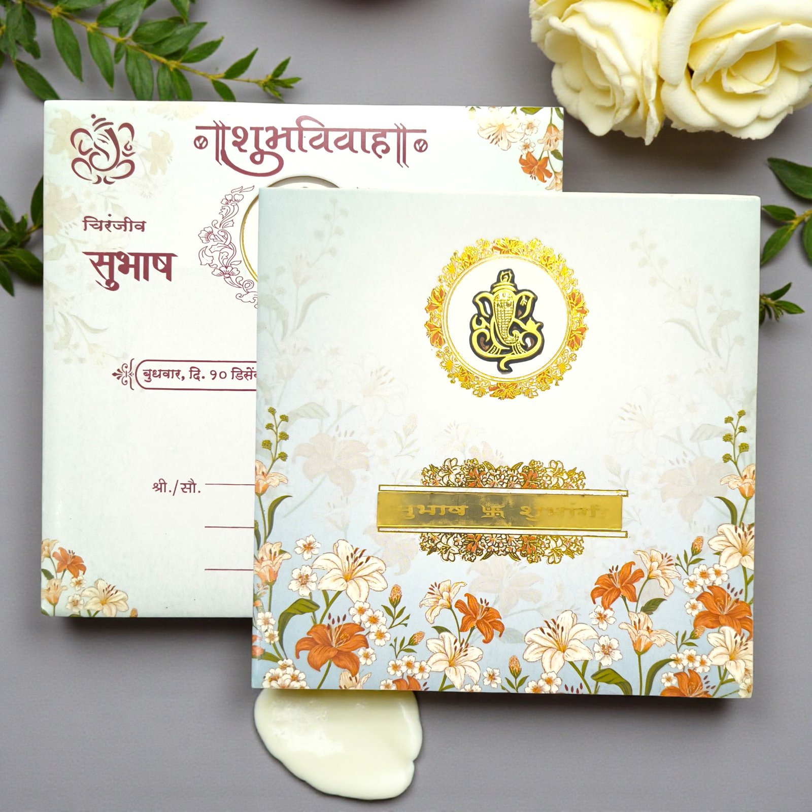 Aarambh Floral Laser Cut Single Fold Indian Wedding Invitation Card With Acrylic Lord Ganesha in Sky Blue SPSL0925_1 Aarambh Floral Laser Cut Single Fold Indian Wedding Invitation Card With Acrylic Lord Ganesha in Sky Blue
