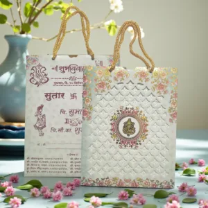 Aarambh Floral Laser Cut 2 Fold Indian Wedding Invitation Card With Acrylic Lord Ganesha Grey