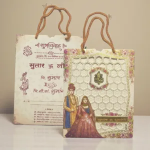 Aarambh Laser Cut Dulha Dulhan 2 Fold Hindu Shadi Card With Acrylic Lord Ganesha and Name Plate Cream