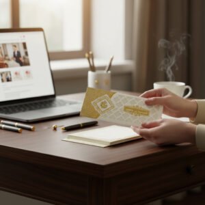 Aarambh Laser Cut 3 Fold Wedding Card With Acrylic Lord Ganesha and Name Plate – White