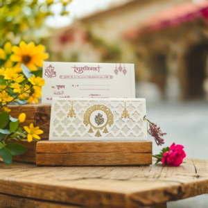 Aarambh Laser Cut 3 Fold Marathi Lagna Patrika With Acrylic Lord Ganesha in White