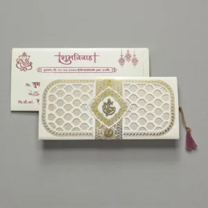 Laser Cut 3 Fold Indian Wedding Card With Acrylic Lord Ganesha White
