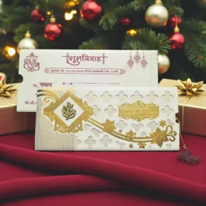 Aarambh Laser Cut 3 Fold Indian Marriage Card With Acrylic Lord Ganesha and Name Plate White